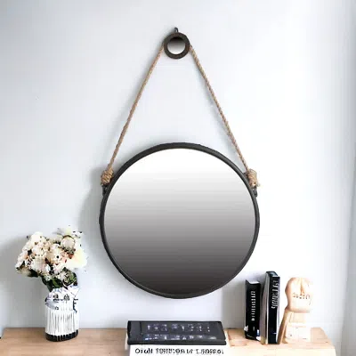 Homezia 30" Black Fame Round Wall Hanging Accent Mirror With Rope