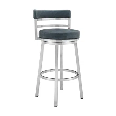 Homezia 30" Blue And Silver Faux Leather And Iron Swivel Low Back Bar Height Bar Chair In Gray