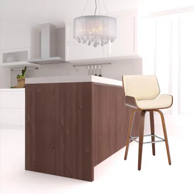 Homezia 30" Cream And Brown Faux Leather And Solid Wood Swivel Bar Height Bar Chair