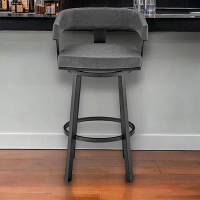 Homezia 30" Gray And Black Faux Leather And Iron Swivel Low Back Bar Height Bar Chair