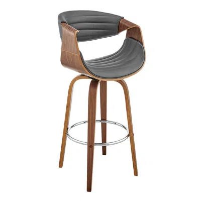 Homezia 30" Gray And Brown And Brown Faux Leather And Solid Wood Swivel Bar Chair