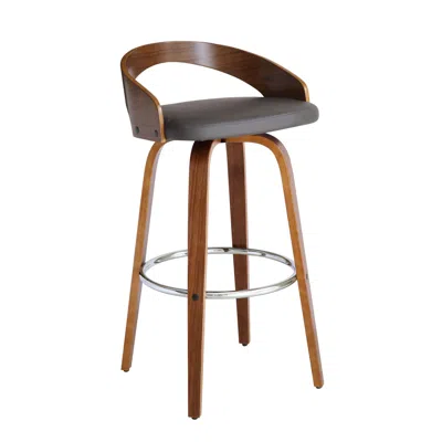 Homezia 30" Gray And Brown Faux Leather And Iron Swivel Low Back Bar Height Bar Chair