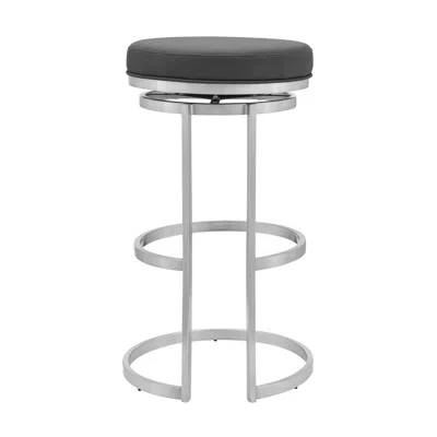Homezia 30" Gray And Silver Faux Leather And Iron Swivel Backless Bar Height Bar Chair