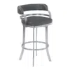 Homezia 30" Gray And Silver Faux Leather And Iron Swivel Low Back Bar Height Bar Chair