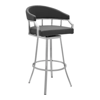 Homezia 30" Gray And Silver Faux Leather And Iron Swivel Low Back Bar Height Bar Chair