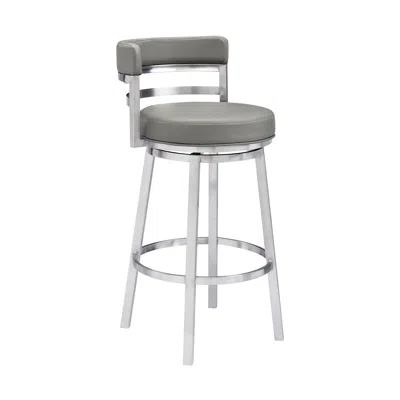HOMEZIA 30" GRAY AND SILVER FAUX LEATHER AND IRON SWIVEL LOW BACK BAR HEIGHT BAR CHAIR
