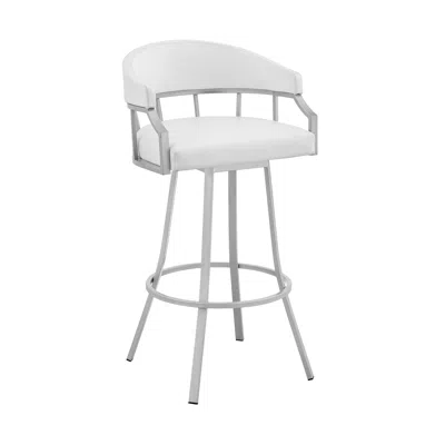 Homezia 30" White And Silver Faux Leather And Iron Swivel Low Back Bar Height Bar Chair In Blue