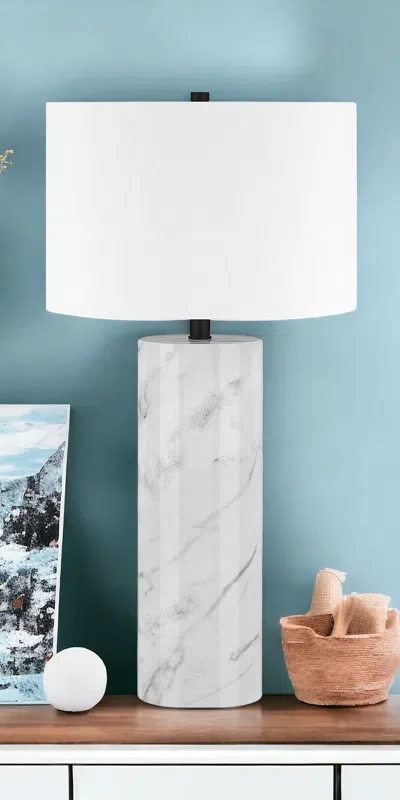 Homezia 30" White Marble Cylinder Table Lamp With White Drum Shade