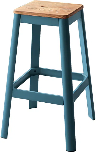 Homezia 30" Wood Brown And Green Solid Wood And Metal Counter Height Bar Chair In Blue