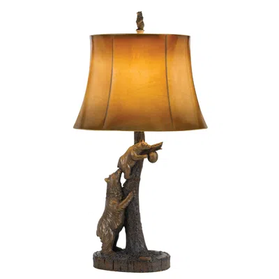 Homezia 31" Bronze Bears After The Honey Table Lamp With Brown Faux Leather Shade