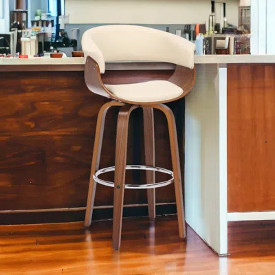Homezia 31" Cream And Brown Faux Leather And Solid Wood Swivel Low Back Bar Height Bar Chair