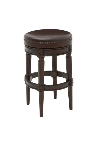 Homezia 31" Wood Brown Faux Leather And Solid Wood Swivel Backless Counter Height Bar Chair
