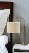 Homezia 32" Antiqued Brass Metal Adjustable Cylinder Arched Table Lamp With Beige Drum Shade