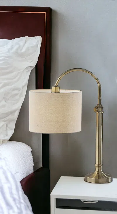 Homezia 32" Antiqued Brass Metal Adjustable Cylinder Arched Table Lamp With Beige Drum Shade In Neutral