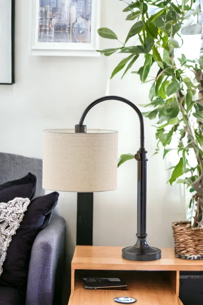 Homezia 32" Antiqued Bronze Metal Adjustable Cylinder Arched Table Lamp With Beige Drum Shade In Neutral