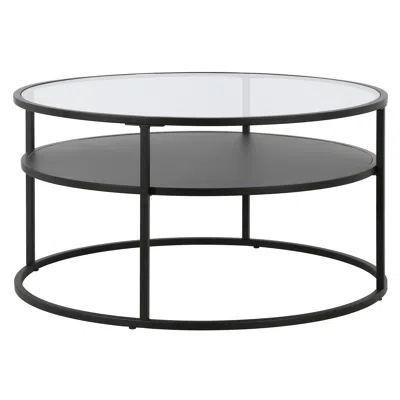 Homezia 32" Black Glass And Steel Round Coffee Table With Shelf