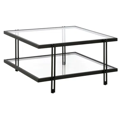 Homezia 32" Black Glass And Steel Square Coffee Table With Shelf