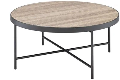 Homezia 32" Brown And Black Iron Round Distressed Coffee Table