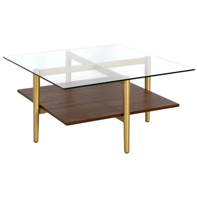 Homezia 32" Brown And Gold Glass And Steel Square Coffee Table With Shelf