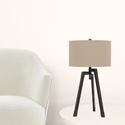 Homezia 32" Charcoal Metal Tripod Table Lamp With Tan Drum Shade In Brown