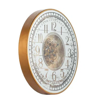 Homezia 32" Circle Gold And Silver Metal And Mirror Analog Exposed Gear Wall Clock In White