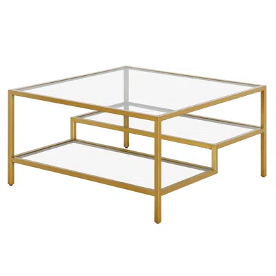 Homezia 32" Gold Glass And Steel Square Coffee Table With Two Shelves