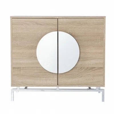 Homezia 32" Natural And Chrome Mirrored Circle Double Door Bar Cabinet In Neutral