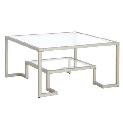 Homezia 32" Silver Glass And Steel Square Coffee Table With Shelf