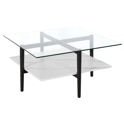 Homezia 32" White And Black Glass And Steel Square Coffee Table With Shelf