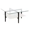 Homezia 32" White And Black Glass And Steel Square Coffee Table With Shelf