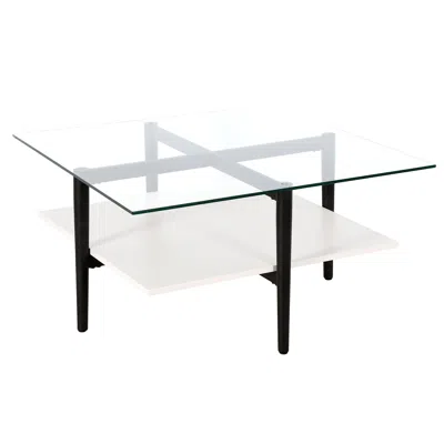 HOMEZIA 32" WHITE AND BLACK GLASS AND STEEL SQUARE COFFEE TABLE WITH SHELF