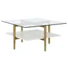 Homezia 32" White And Gold Glass And Steel Square Coffee Table With Shelf