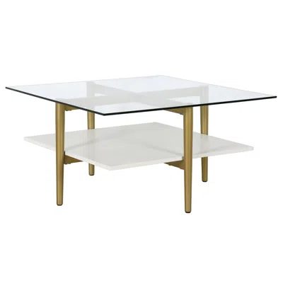 Homezia 32" White And Gold Glass And Steel Square Coffee Table With Shelf