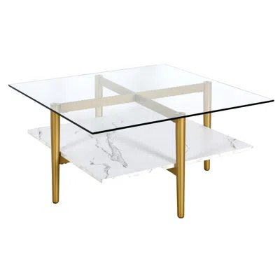 Homezia 32" White And Gold Glass And Steel Square Coffee Table With Shelf