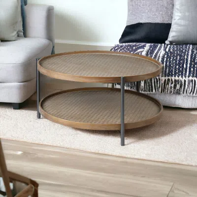 Homezia 33" Brown And Black Wood And Metal Two Tier Coffee Table