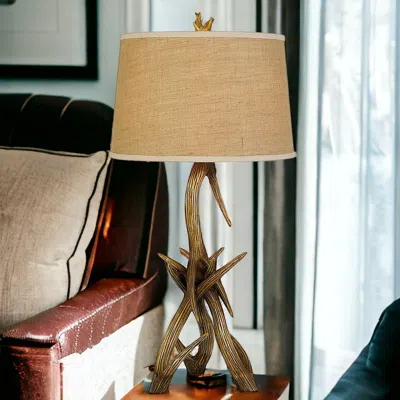 Homezia 33" Brown Antlers Table Lamp With Brown Empire Shade In Black