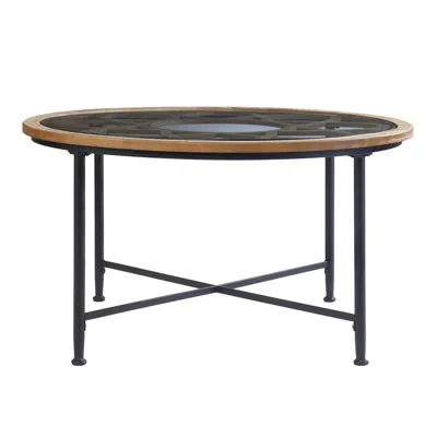 Homezia 33" Floral Design Glass Top Round Coffee Table