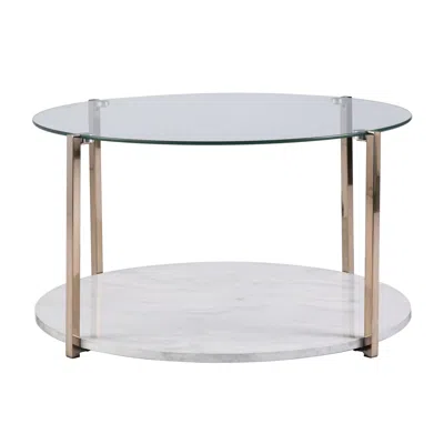 Homezia 33" Gold Glam Glass And Faux Marble Two Tier Round Coffee Table In Blue