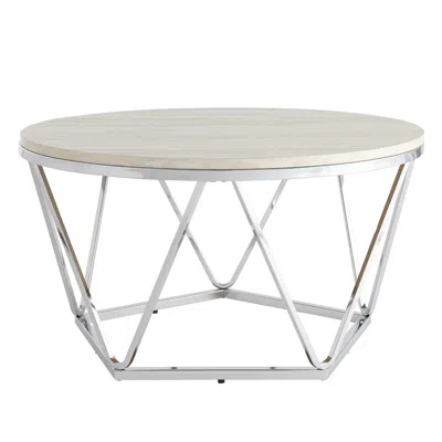 Homezia 33" Silver Manufactured Wood And Metal Round Coffee Table In White