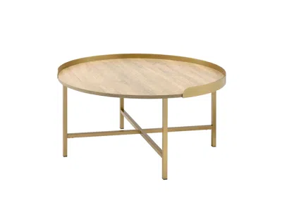 Homezia 34" Gold And Oak Manufactured Wood And Metal Round Coffee Table