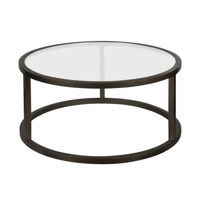 Homezia 35" Black Glass And Steel Round Coffee Table In Brown