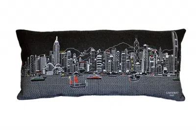 Homezia 35" Black Hong Kong Nighttime Skyline Lumbar Decorative Pillow