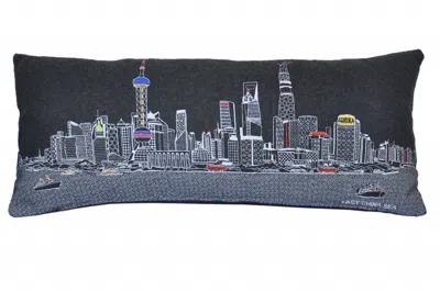 Homezia 35" Black Shanghai Nighttime Skyline Lumbar Decorative Pillow