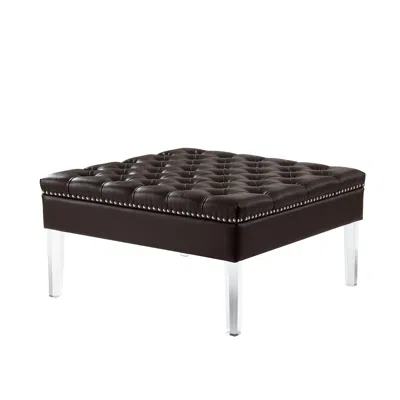 Homezia 35" Espresso Faux Leather And Clear Cocktail Ottoman In Brown