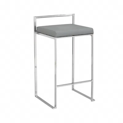 Homezia 35" Gray And Silver Faux Leather And Steel Low Back Bar Height Bar Chair In Brown
