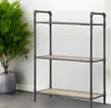 Homezia 36" Antique Oak And Sandy Gray Metal Three Tier Standard Bookcase