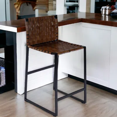 Homezia 36" Brown And Black Leather And Iron Bar Chair