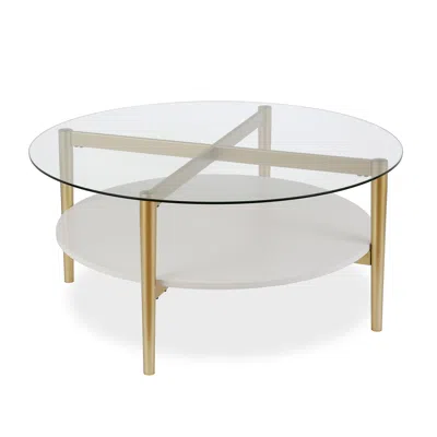 Homezia 36" Gold Glass And Steel Round Coffee Table With Shelf