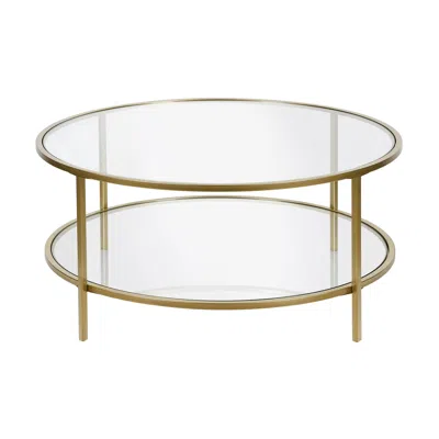 Homezia 36" Gold Glass And Steel Round Coffee Table With Shelf In Brown