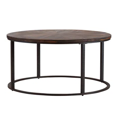 Homezia 36" Natural And Brown Reclaimed Wood And Metal Round Coffee Table